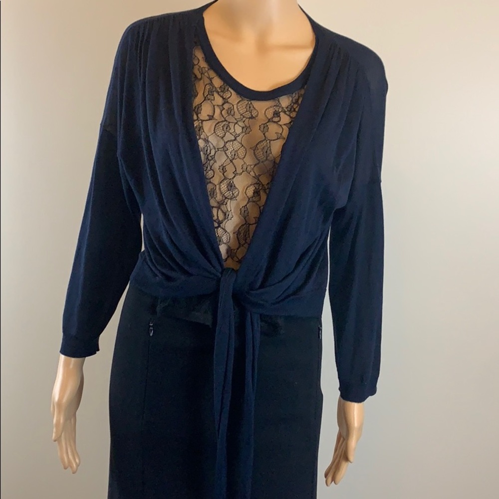 Nina Ricci Navy Cardigan Top with Black Lace Inset